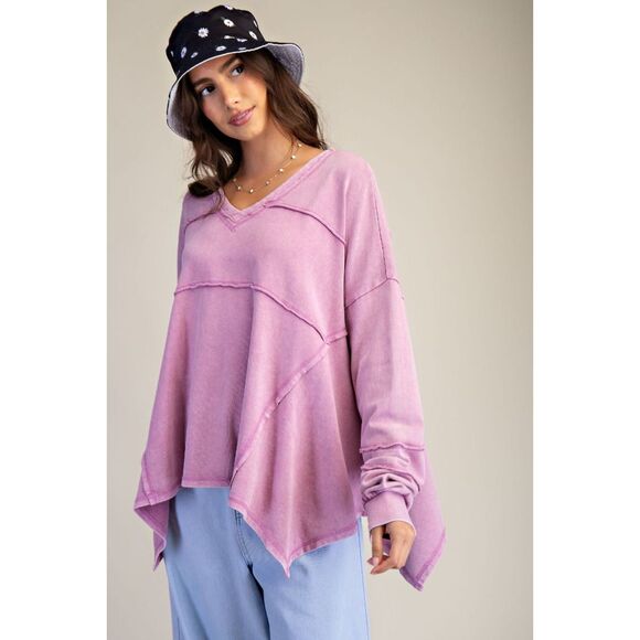 1011 EASEL Medium Mineral Washed Terry Knit V Neck Oversized Top - Picture 1 of 4